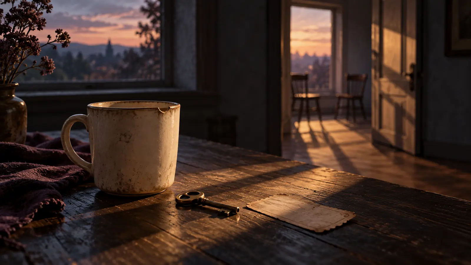 Ein angeschlagener heller Becher, ein alter Schlüssel und ein unbeschrifteter Zettel liegen im Abendlicht auf einem dunklen Holztisch; im Hintergrund stehen zwei leere Stühle.