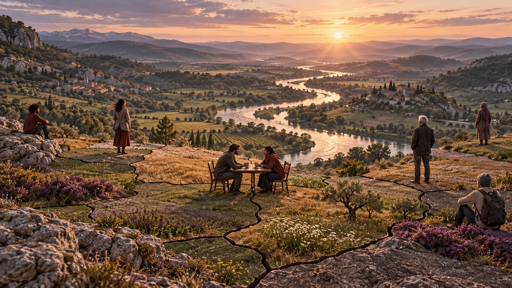 Menschen stehen in einer zusammenhängenden Landschaft, deren Boden wie eine Landkarte geteilt ist; zwei Menschen sitzen gemeinsam an einem Tisch über einer Trennlinie.
