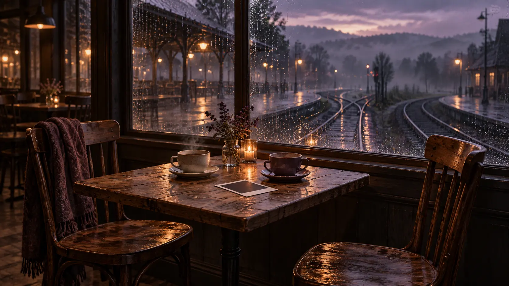 Zwei leere Holzstühle und zwei Tassen stehen an einem Tisch vor einem regennassen Bahnhof; hinter dem Fenster laufen Gleise in verschiedene Richtungen auseinander.