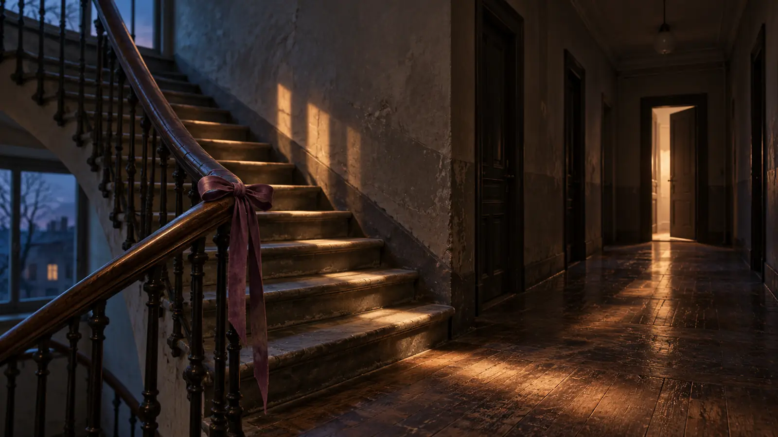 Ein menschenleeres altes Treppenhaus liegt im blauen Abendlicht; warme Lichtfelder führen zu einer offenen Tür, am Geländer hängt eine einzelne pflaumenfarbene Schleife.