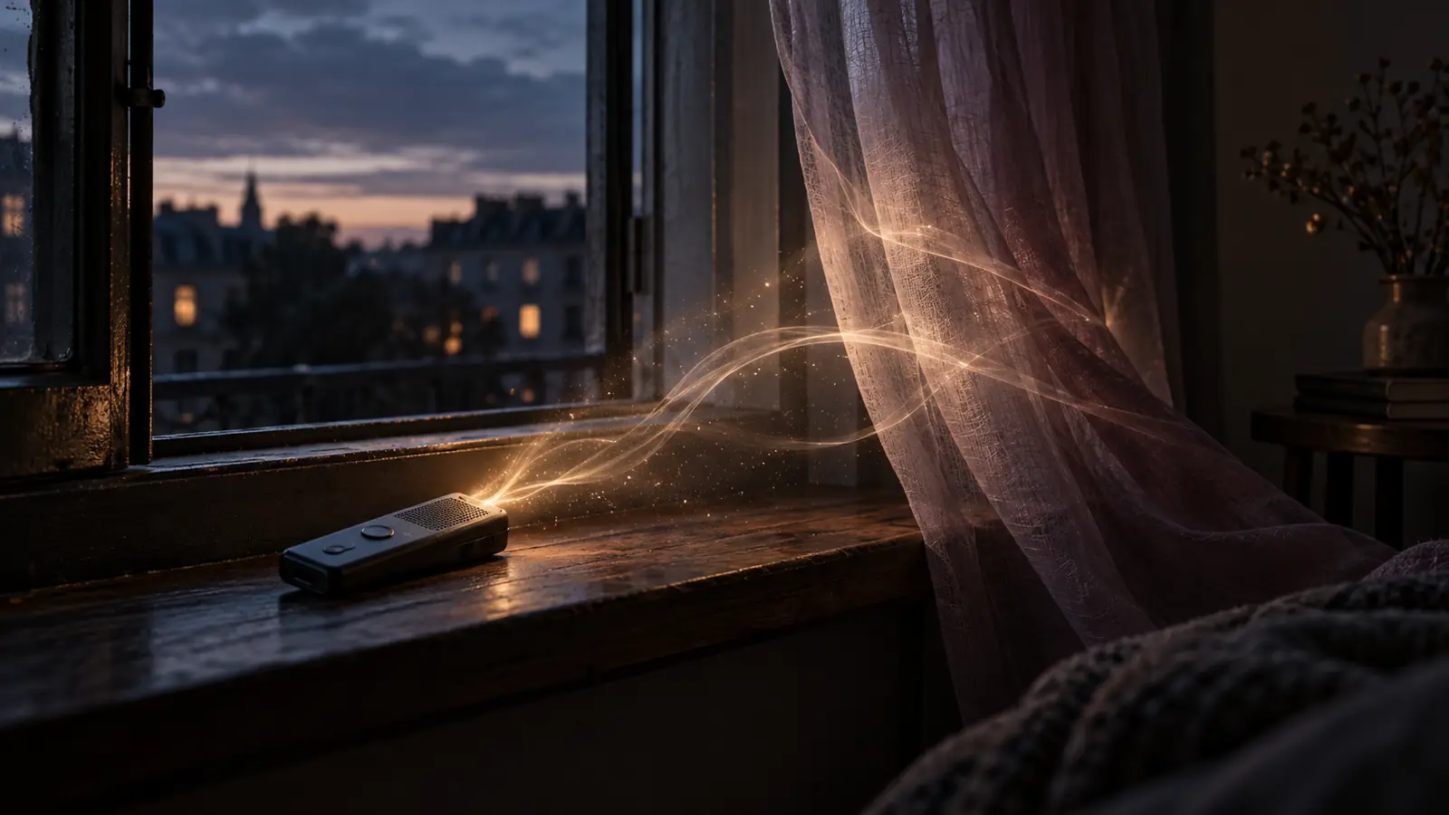 Ein kleines Aufnahmegerät liegt im blauen Abendlicht auf einer dunklen Fensterbank; warme Lichtspuren gehen in einen pflaumenfarbenen, bewegten Vorhang über.